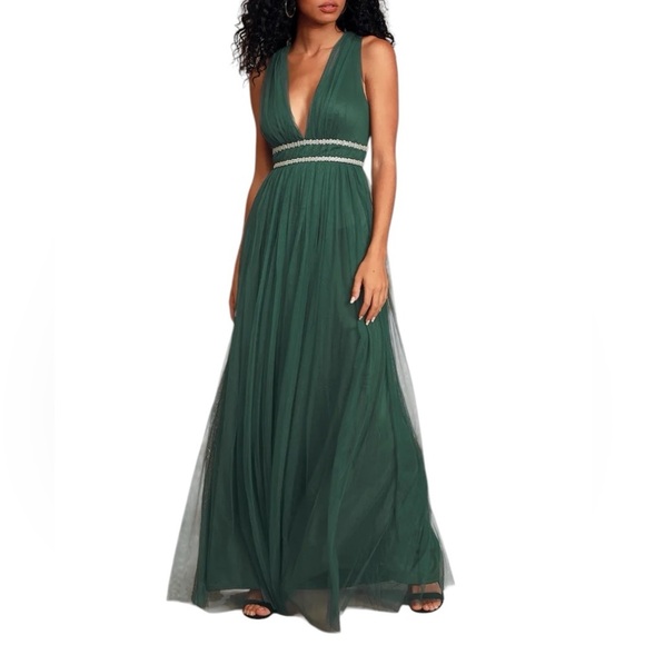 Lulus New Delightful Occasion Emerald Green Beaded Tulle Maxi Dress Gown Fall - Picture 1 of 14